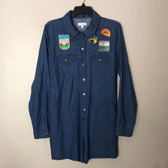 K/lab patched long sleeve button down denim romper size large - Picture 3 of 14